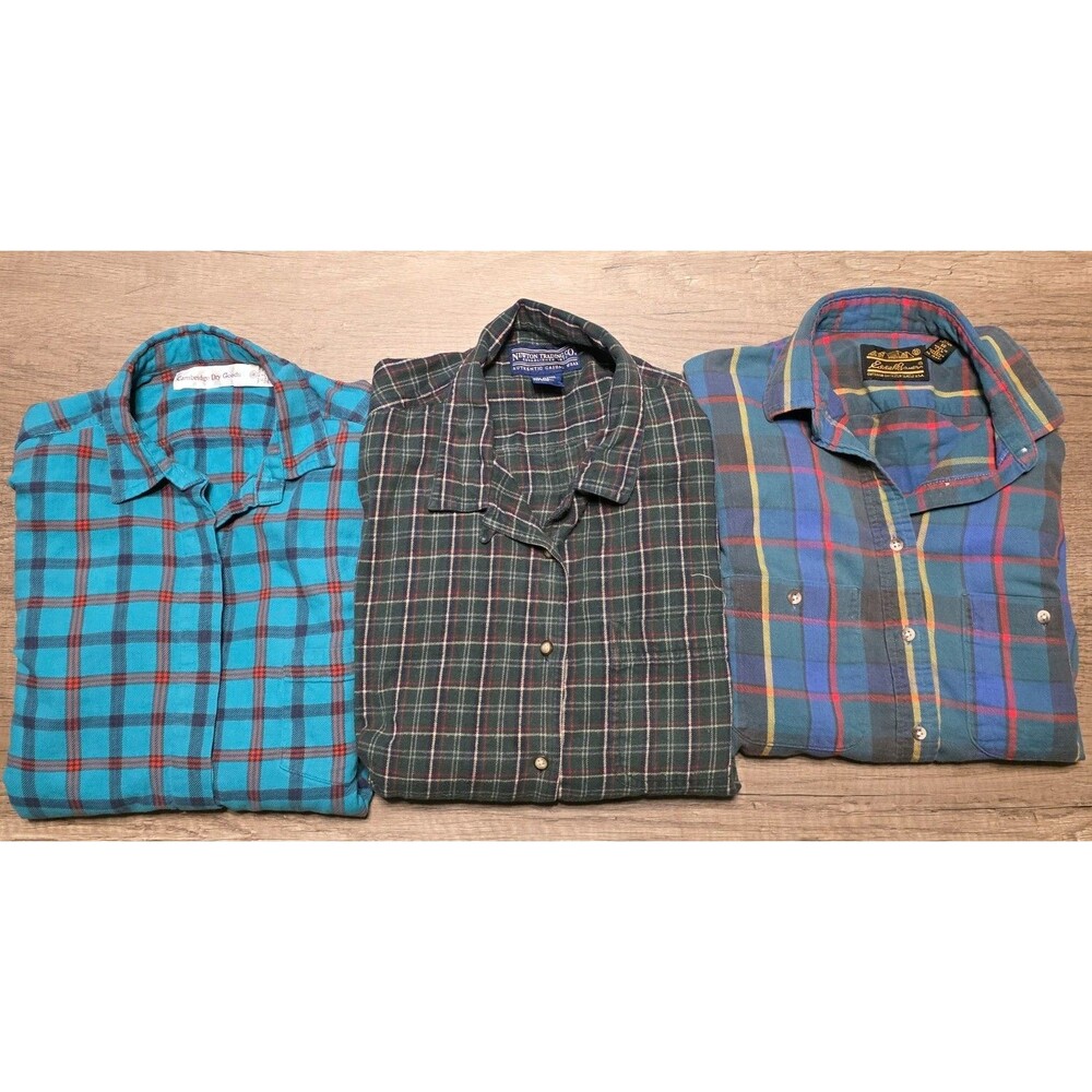 Vintage Plaid Flannel Shirt Lot 3pc Eddie Bauer Cambridge Newton Women Size 8 10